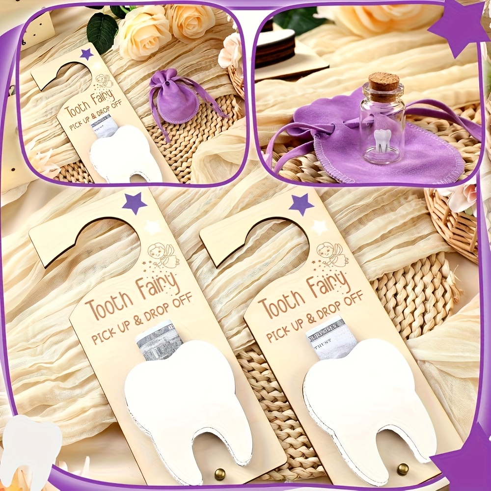 Zwitsal Baby Products - 歯の妖精のドアサイン装飾、乳歯の記念品ボックスセット（木製歯のペンダント、ガラス瓶、収納袋が含まれています）、歯の交換時期や誕生日パーティーへのギフトに最適です。
