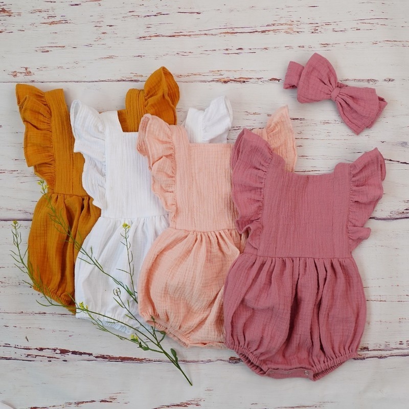Baby Products Organic - 新生児用ダブルガーゼフリルロンパース、ヘッドバンド付き、ベビーガールウェア、オーガニックコットンジャンプスーツ、ダスティピンクプレイスーツ、3m、新品、夏